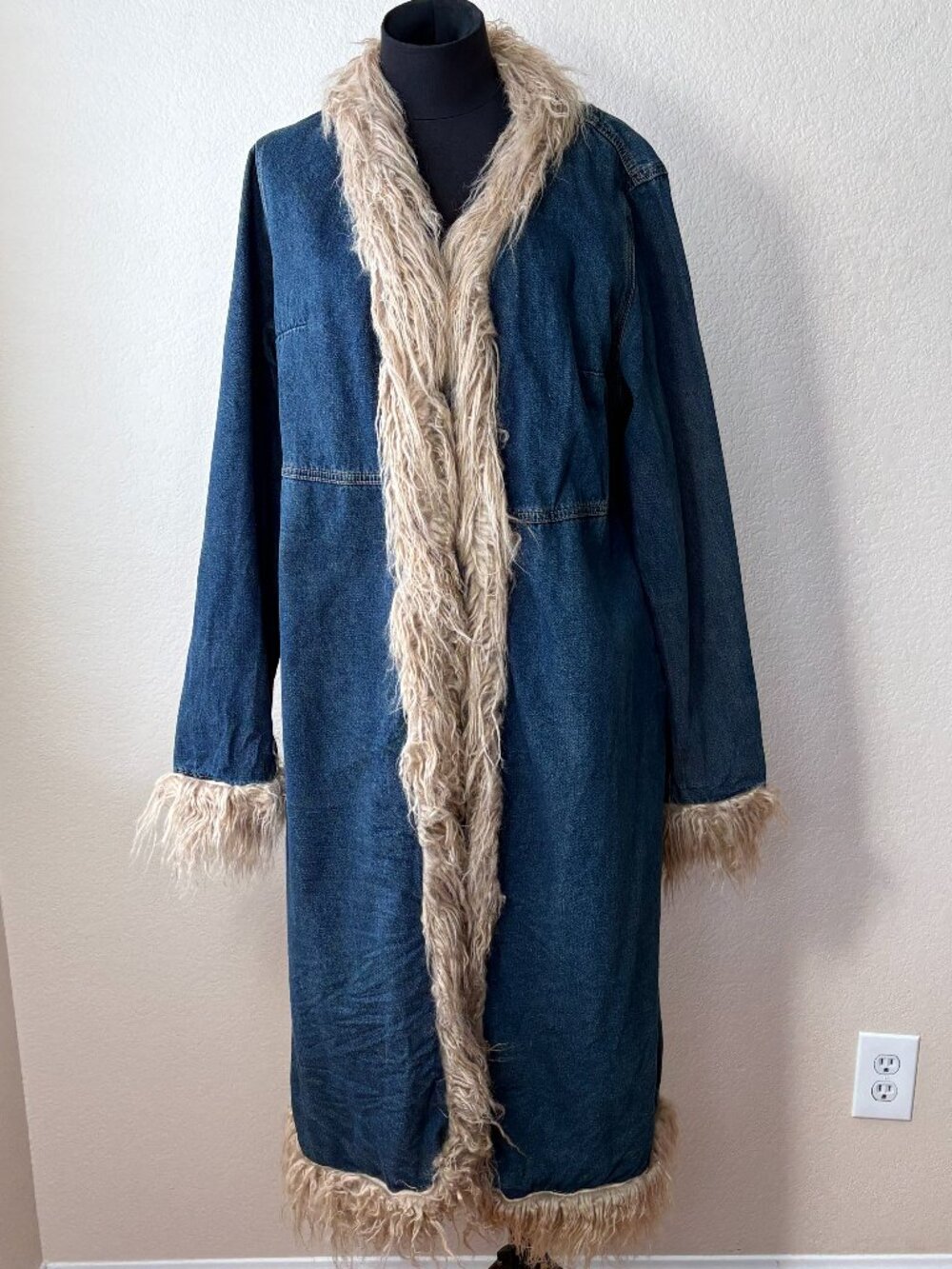 ROMWE XL Boho Hippie Denim Long Coat Shaggy Faux Fur Trim 70s Inspired